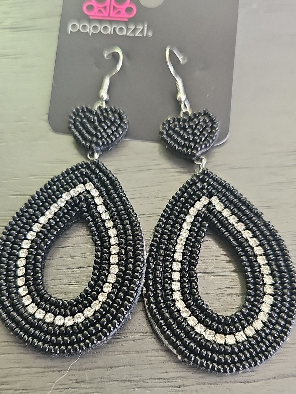 Paparazzi Black and Silver Teardrop Heart Beaded Dangle Earrings